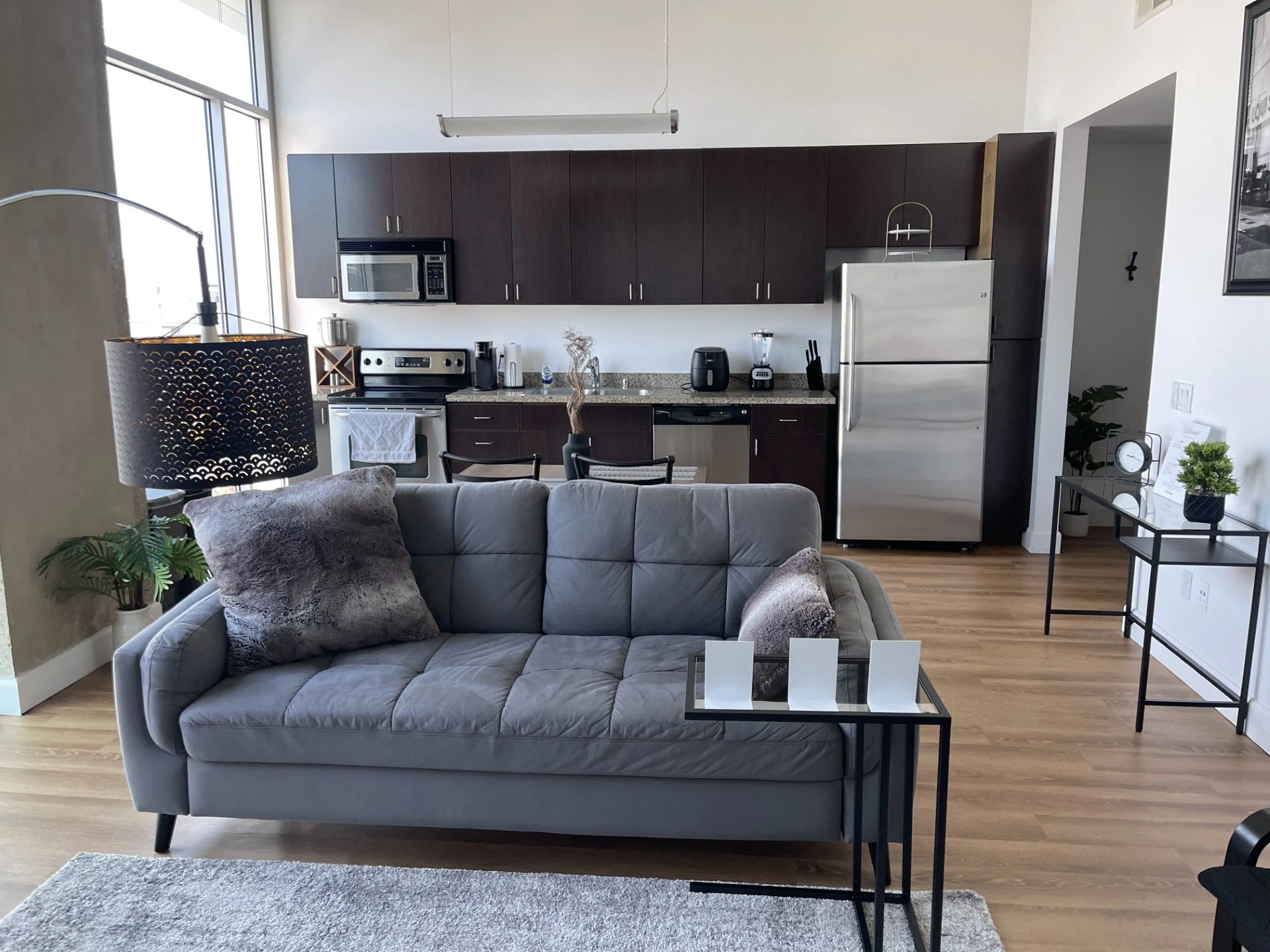 Open-concept living room and kitchen with modern decor, gray sofa with pillows, black side table, plants, and stainless steel appliances in the kitchen.