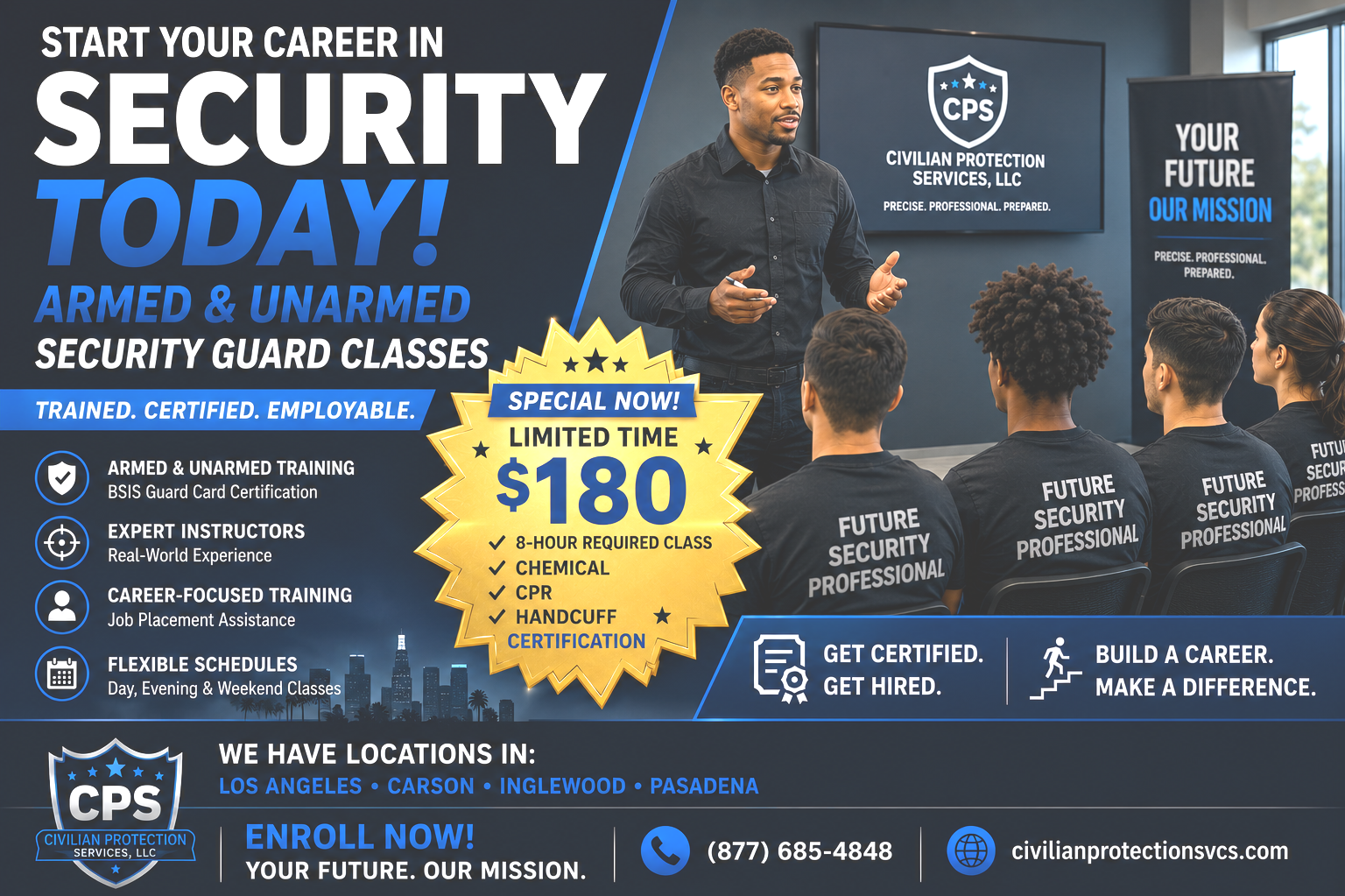 Advertising flyer for security guard training classes with a male instructor teaching a group of students wearing black shirts with 'Future Security Professional' printed on the back. The flyer highlights the course features, price, and locations in Los Angeles, Carson, Inglewood, and Pasadena.