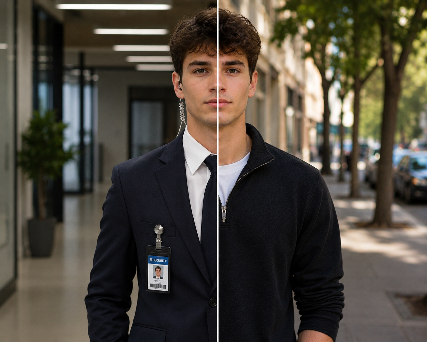 Split image of a young man,校yes on the left in a security uniform with an ID badge, and casual on the right, standing outdoors on a city sidewalk lined with trees.