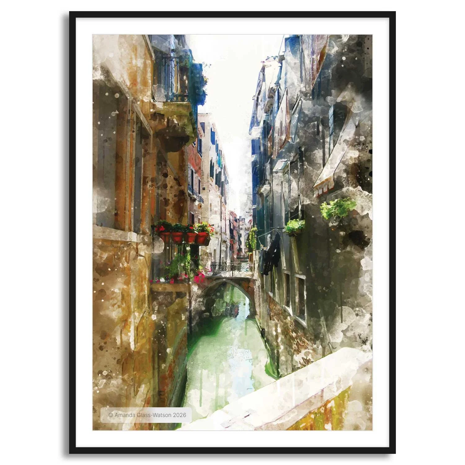 Venezia wall art print a small canal between buildings with bridges, washing hanging and flowers