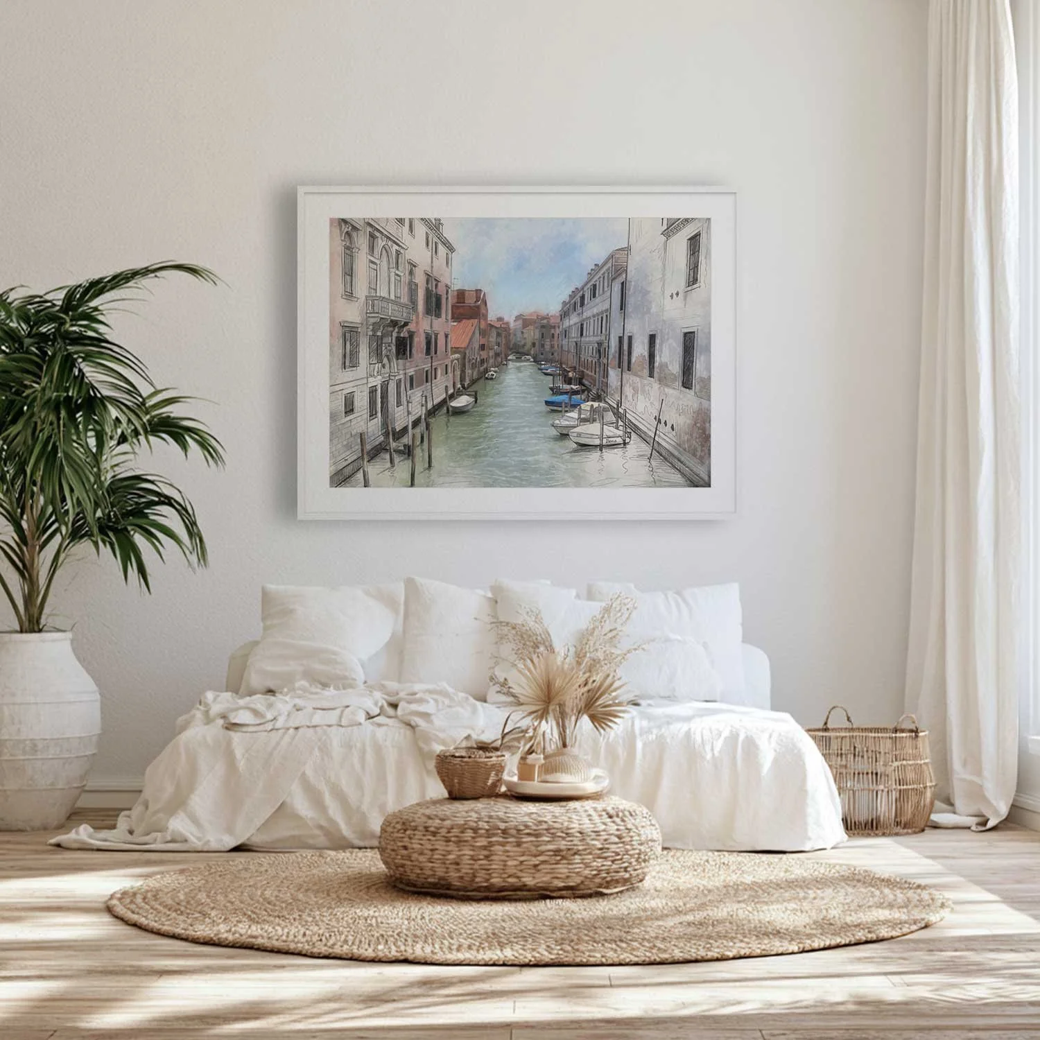 The Moorings: A digital sketch and pastel painting hanging above a bed