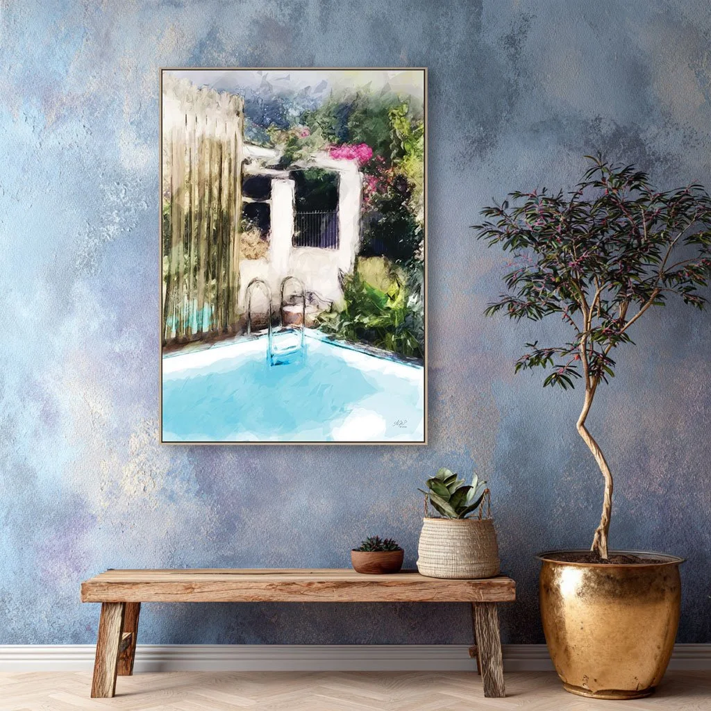 Digital painting of a small plunge pool in a Lisbon garden. Picture hangs in a complimenting colourful living room.