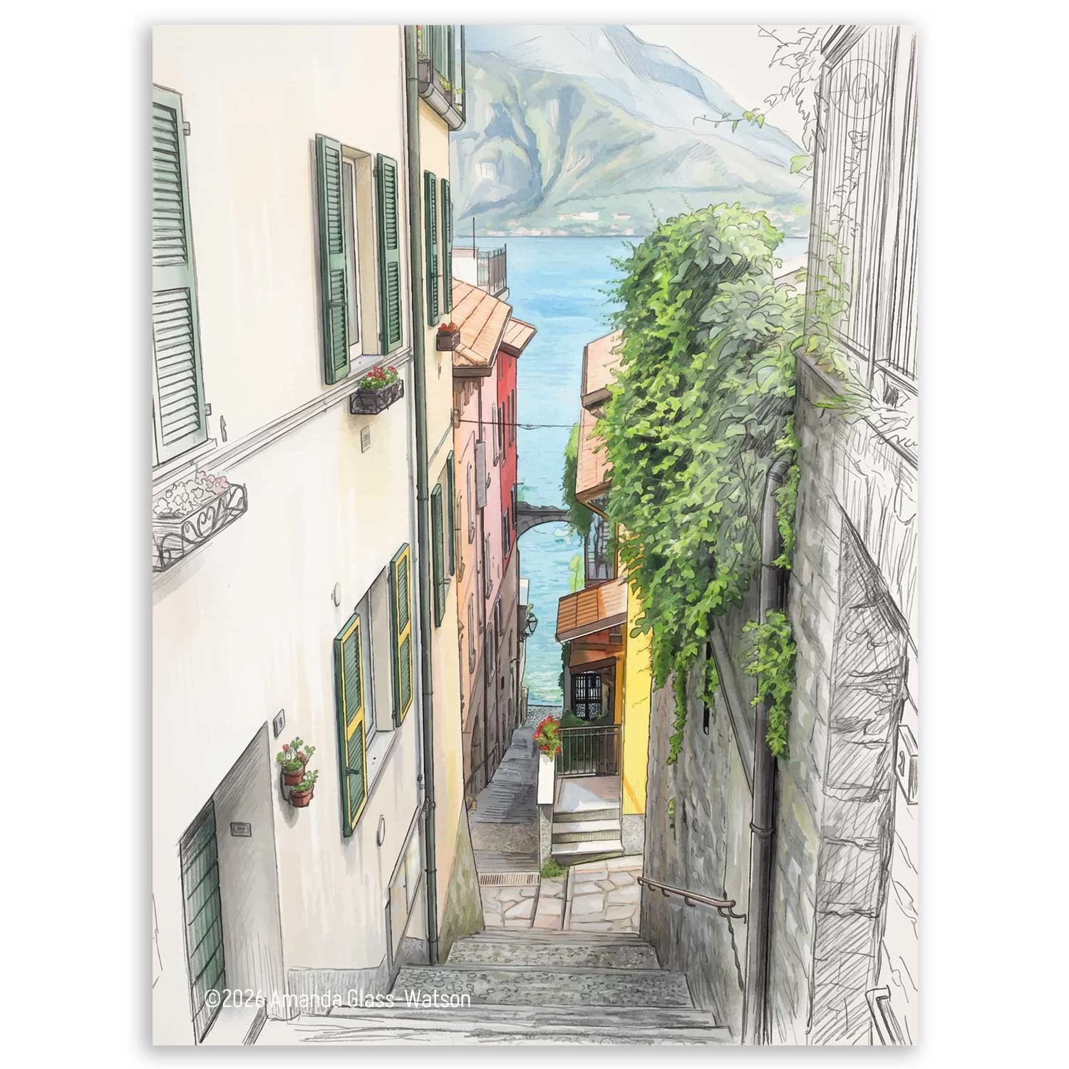 Unframed print of Lago Di Como, a digital painting of a stairway leading down to the lake.