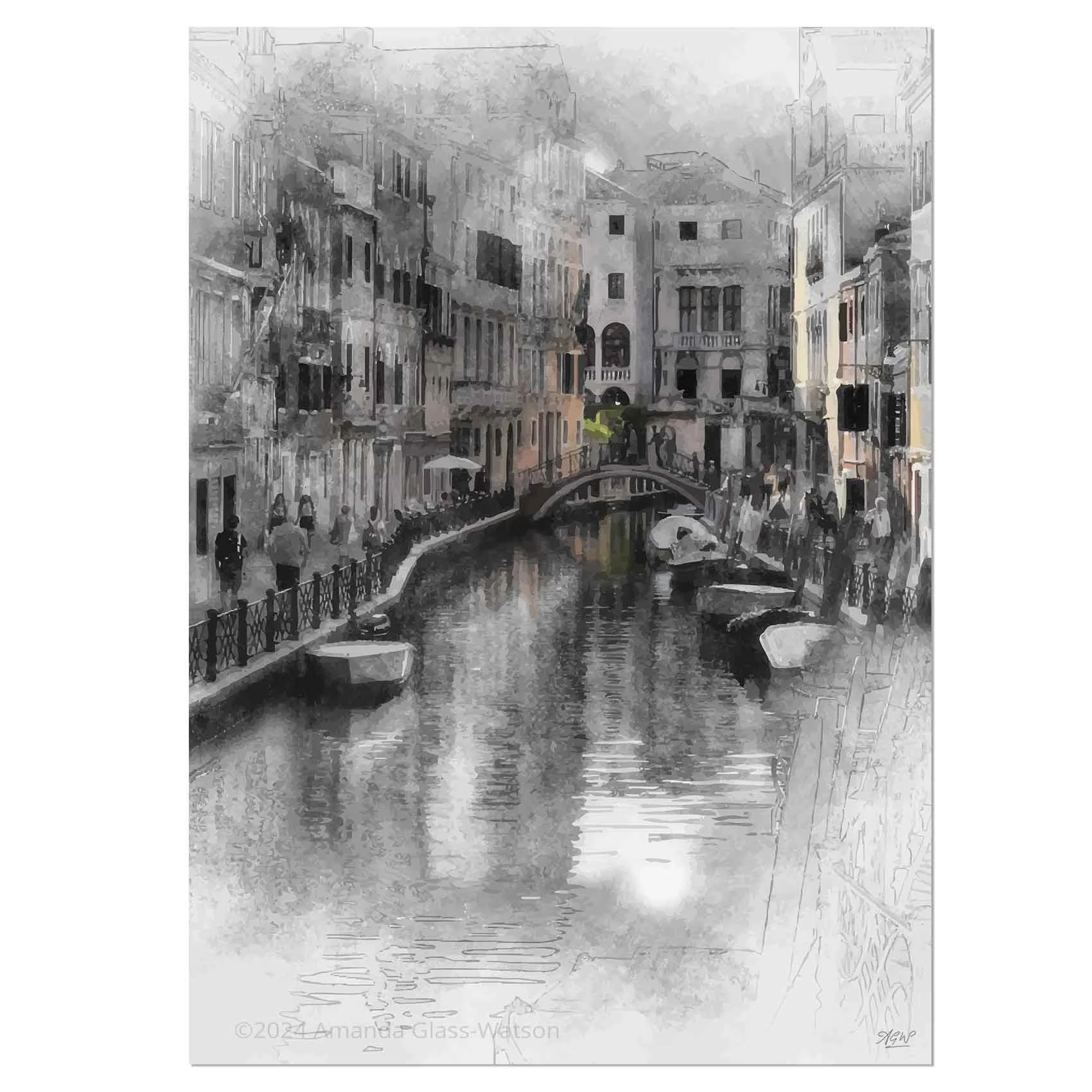 Venice canal in pen and watercolour wall art print