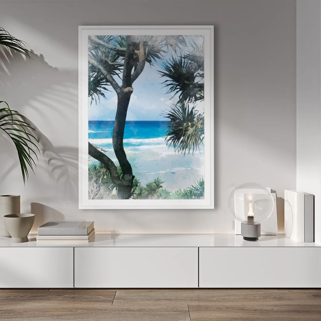 Secret Beach is a digital painting of the beach framed by spikey Dragon trees