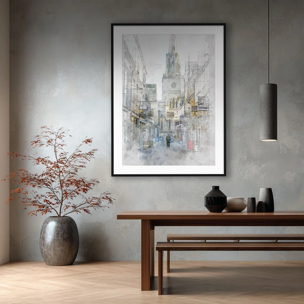 Digital sketch and watercolour wall art of Green Street in Bath on a dining room wall