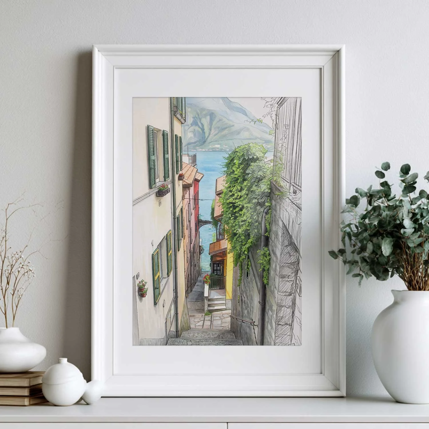 Small framed print of Lago Di Como, a digital painting of a stairway leading down to the lake.