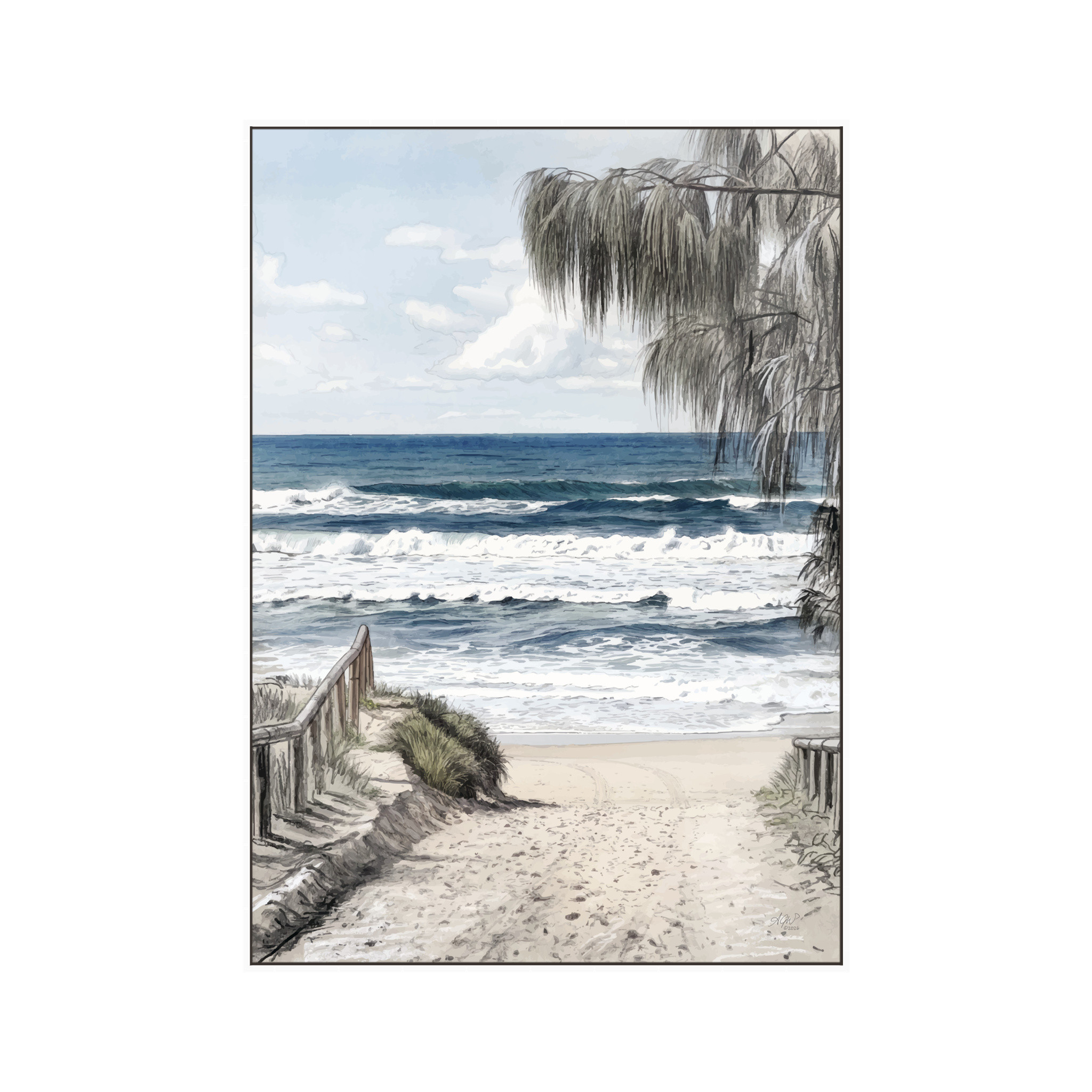 Peregian Beach wall art print in a white canvas float frame