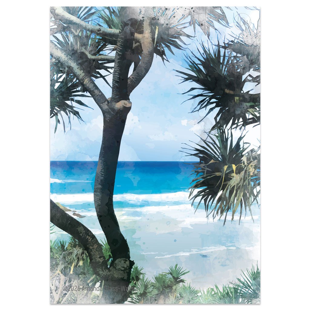 Digital wall art print of the beautiful blue ocean framed by spikey dragon trees