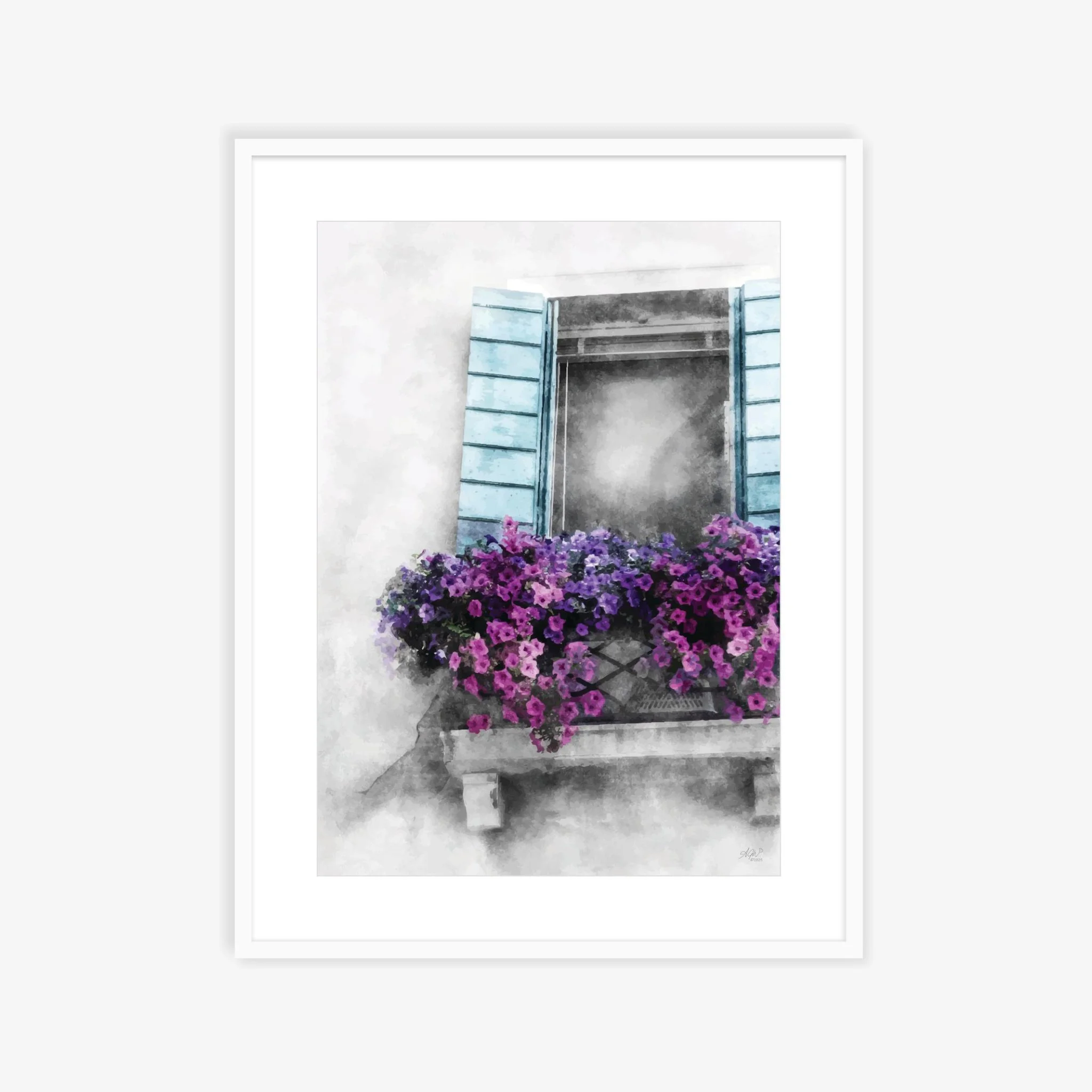 Venice Window: Wall art print in white frame showing a contemporary adaptation of a flower covered Venice balcony set against a crumbling facade.