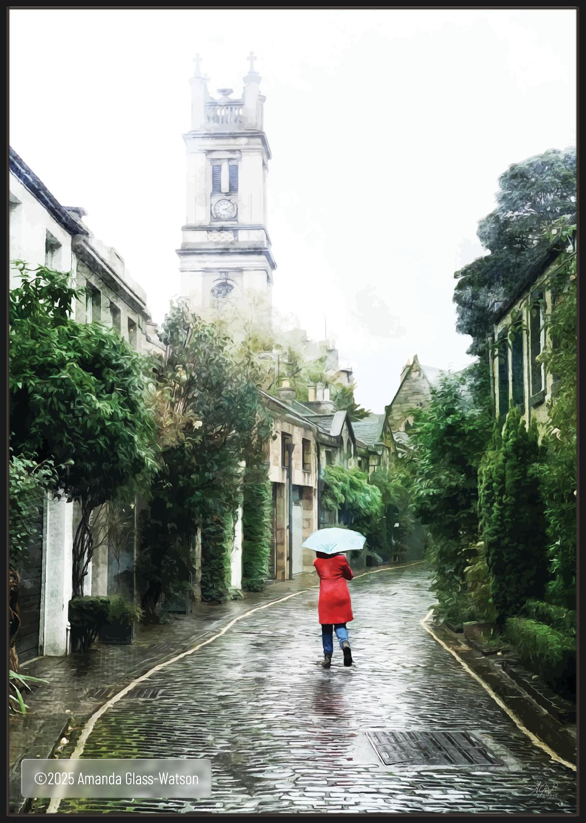 Framed digital wall art print of Circus Lane in Edinburgh on a rainy day. Picture shows woman in red coat and bright aqua umbrella walking up the cobbled street.