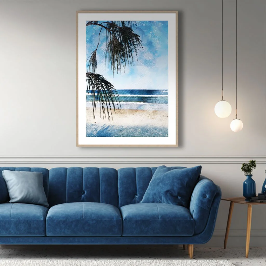 Digital art by Amanda Glass-Watson. Picture shows the view through leaves of the beach and ocean