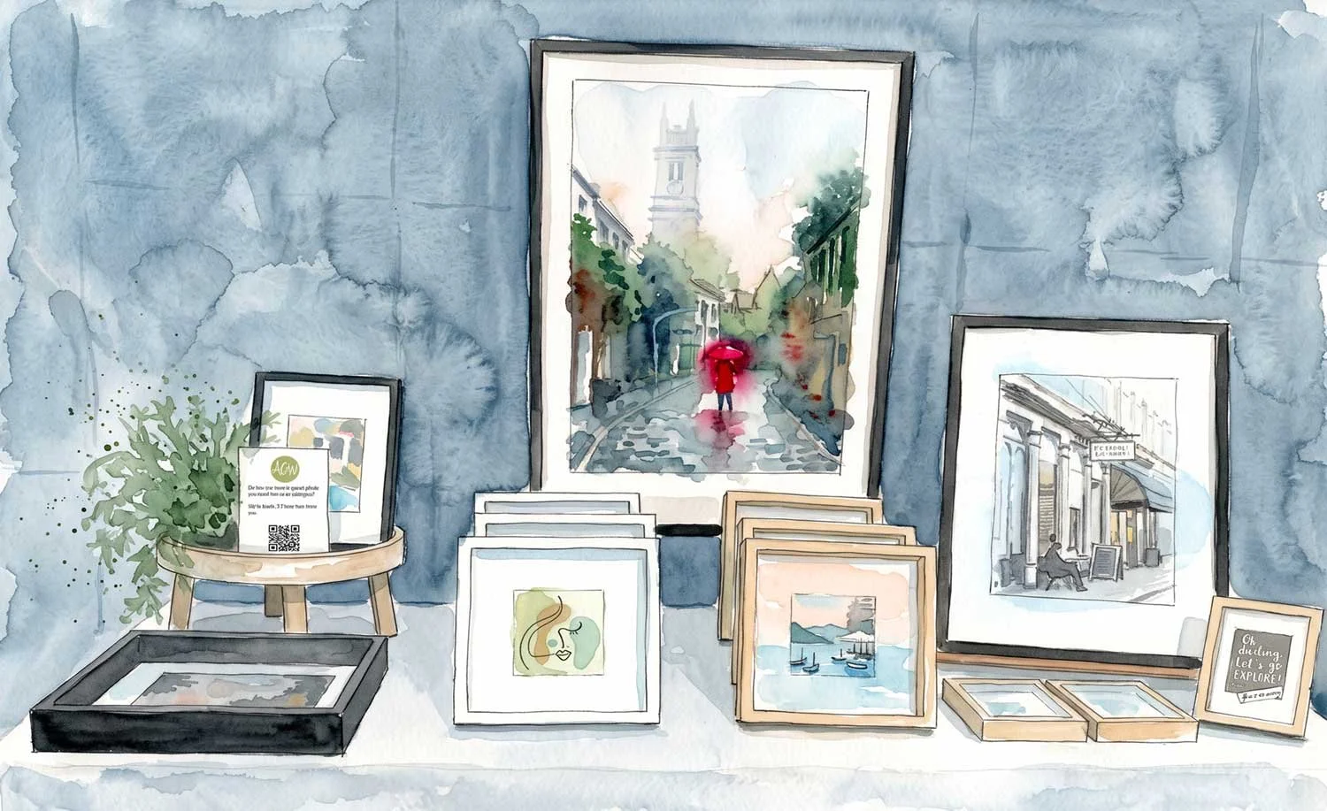 watercolour edit of a market stall table set up