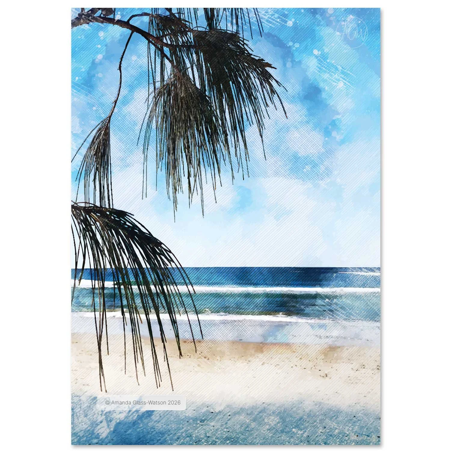 Dune View wall art print of beach from the dunes. Digital art by Amanda Glass-Watson