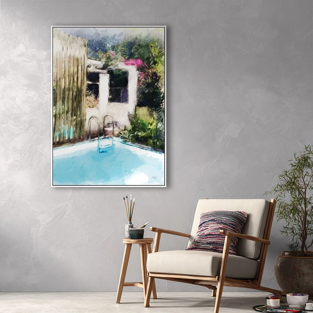 Digital wall art print hanging in painter's studio. Picture is an abstract of a small plunge pool at the bottom of a garden.