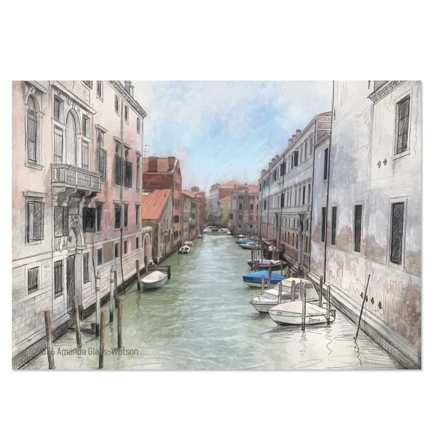 Digital sketch and pastel painting of a quiet Venice Canal