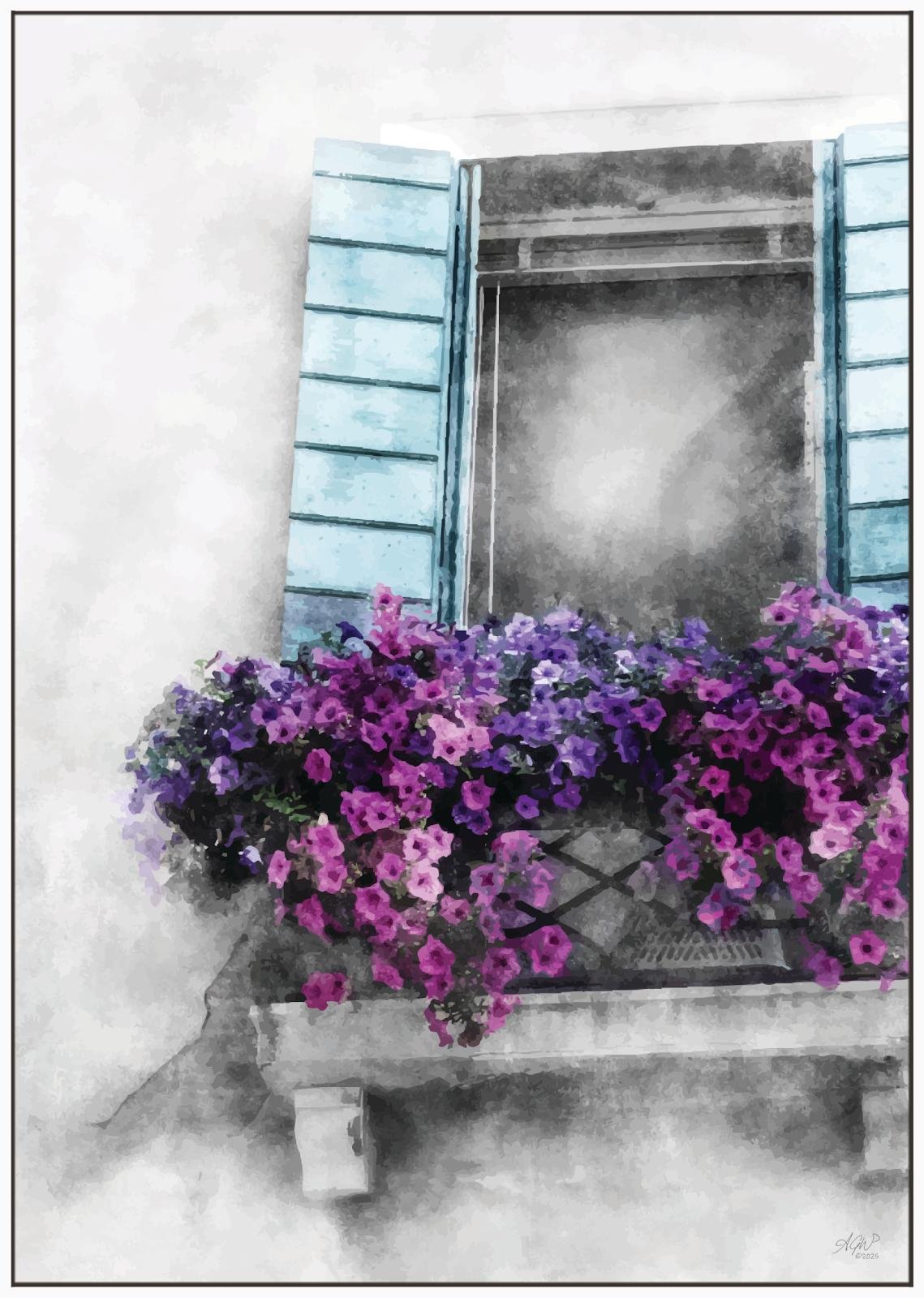 Venice Window: Wall art print showing a contemporary adaptation of a flower festooned Venice window against crumbling walls.