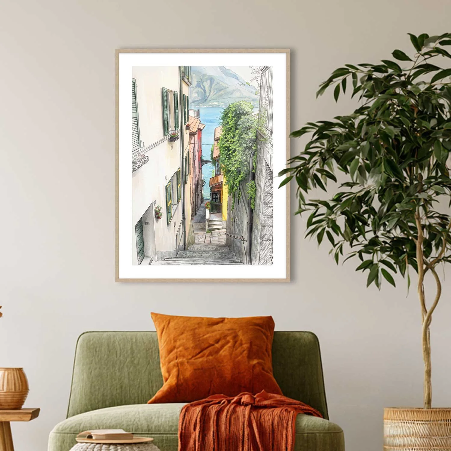 Lago Di Como, a digital painting of a stairway leading down to the lake. Picture is framed on a wall in a room with colourful accessories and furniture