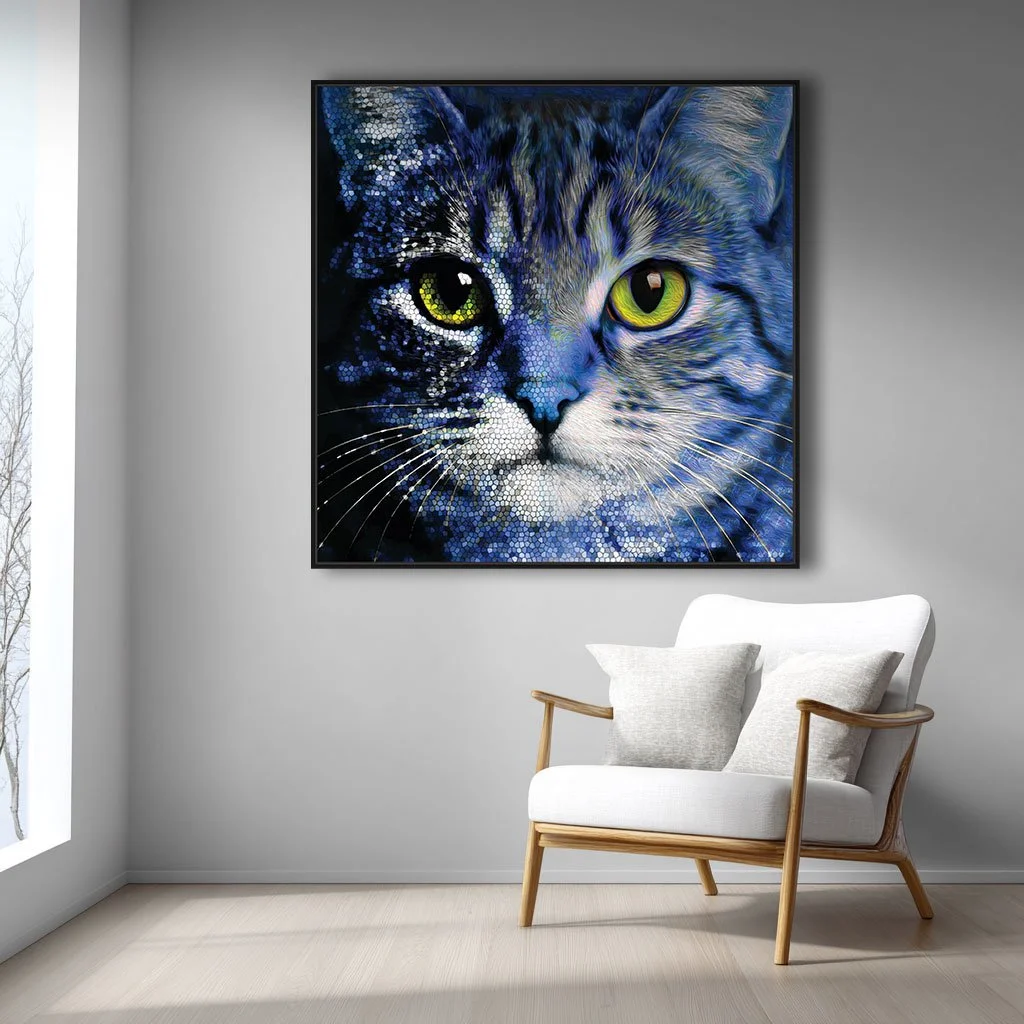 Abstract cat face print with a multi-media aesthetic, combining oil painting textures and mosaic overlays in a variety of teal, emerald, and navy hues.