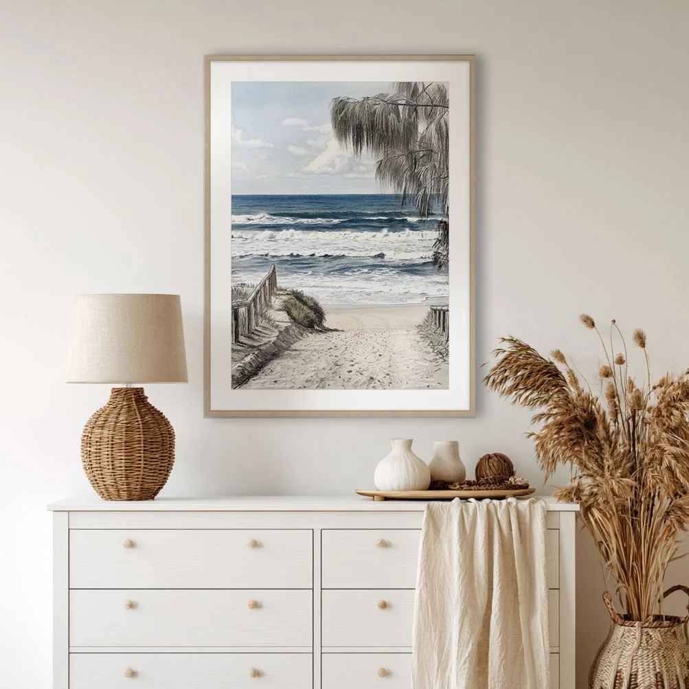 Peregian Beach wall art print above a white chest of drawers