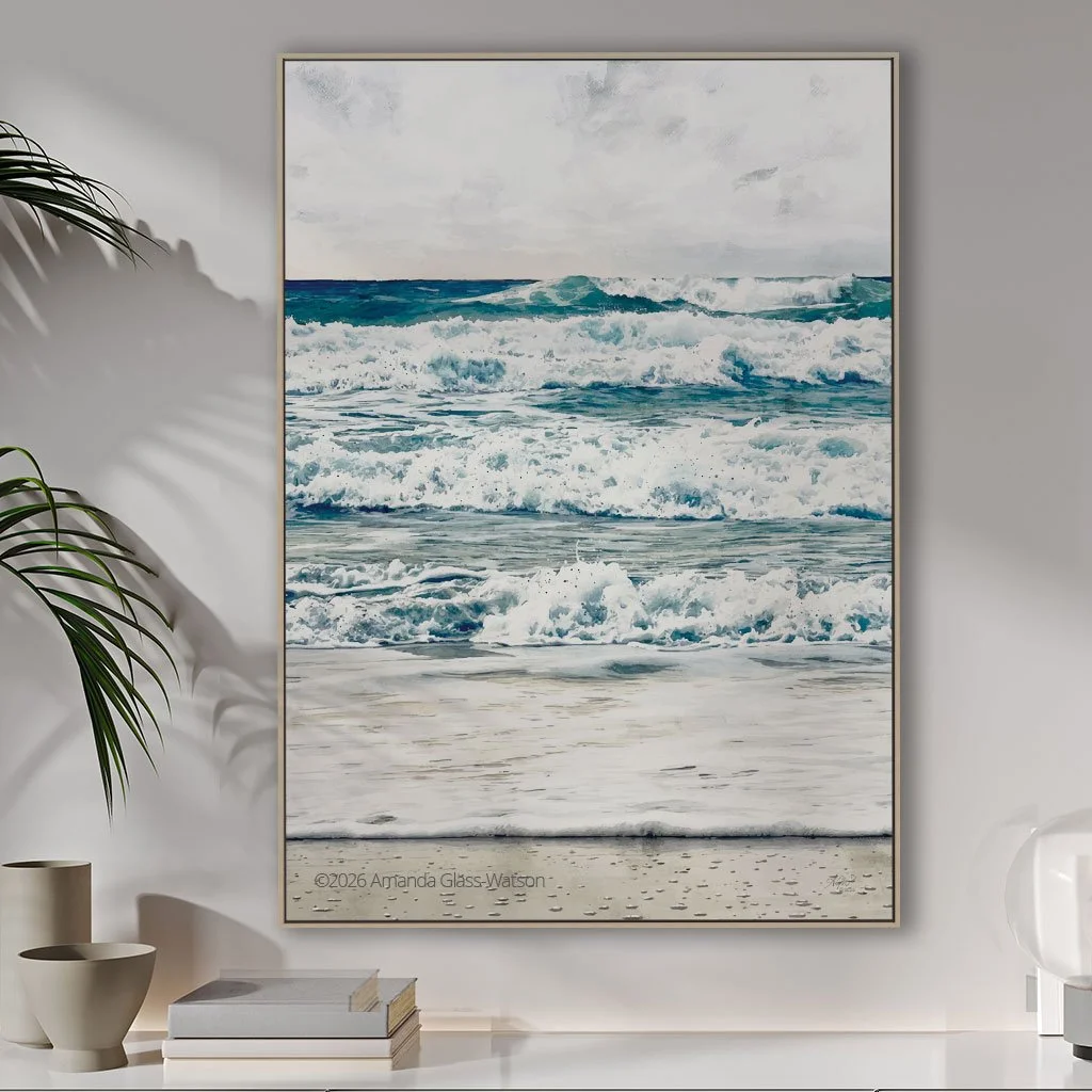 After The Storm: Digital ink and pastel sketch of stormy seas at Peregian Beach hanging on a wall with a plant and white console