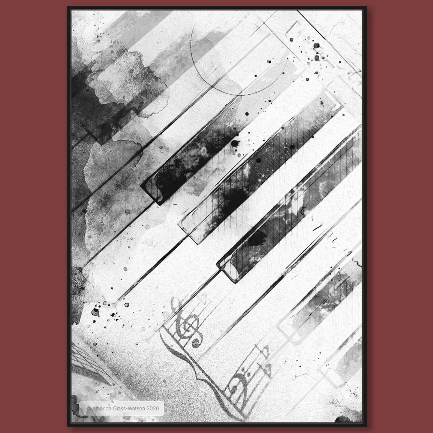 Resonance wall art print music notes and piano keys on a grunge textured background