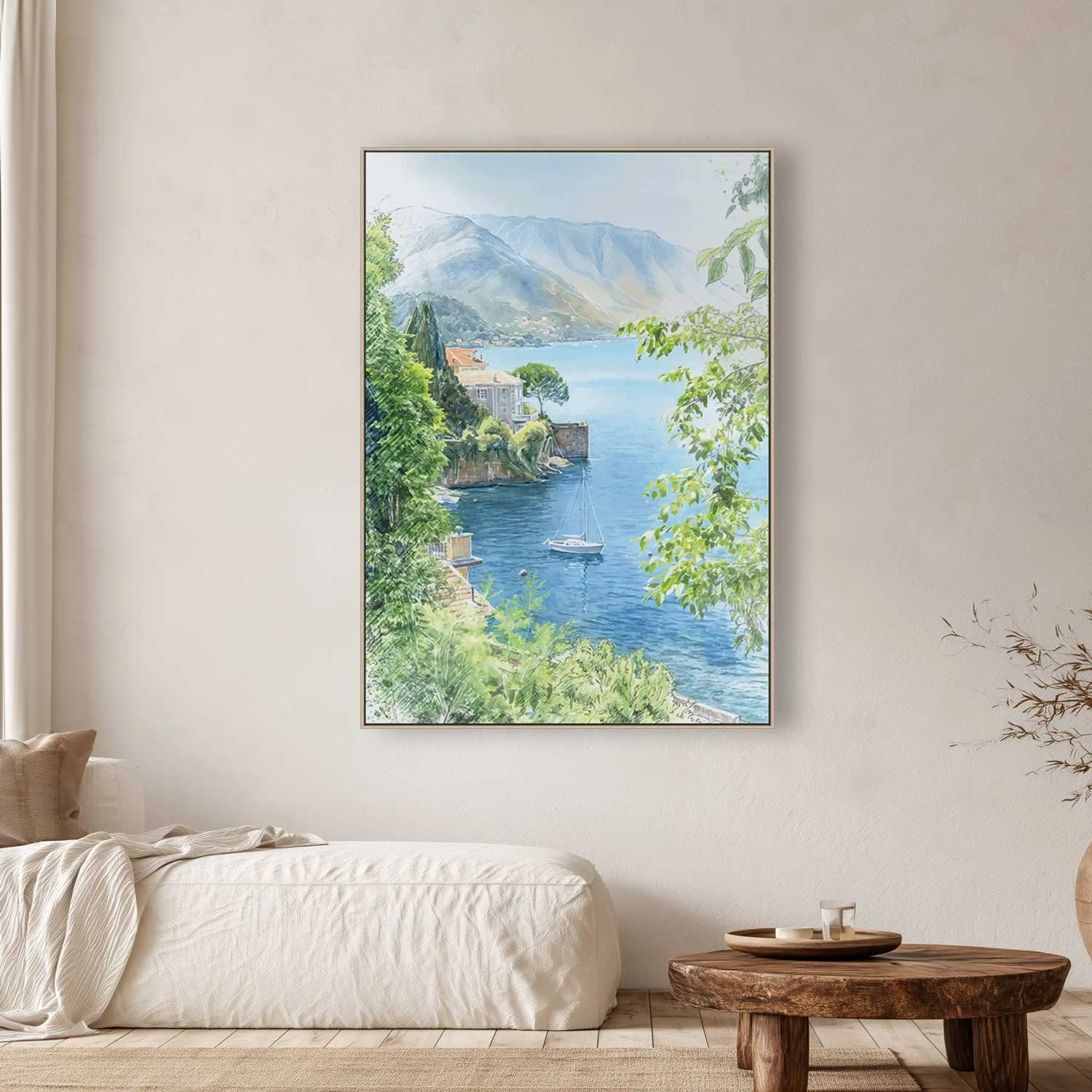 Como Morning digital painting of Lake Como on canvas and hanging on a cream wall.