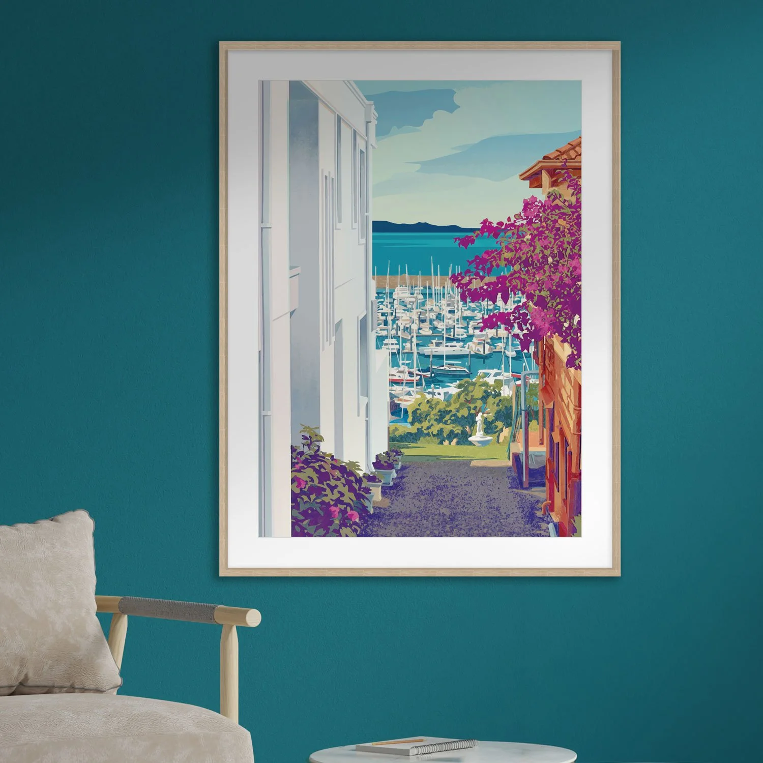 Close up of retro poster style Harbour View wall art print showing Manly Harbour
