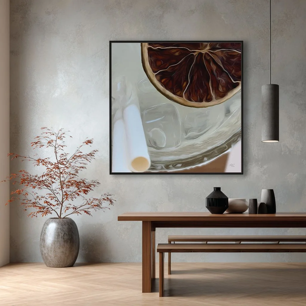 CHin CHin wall art print is birds eye view of a light coloured cocktail with a dried slice of lime.