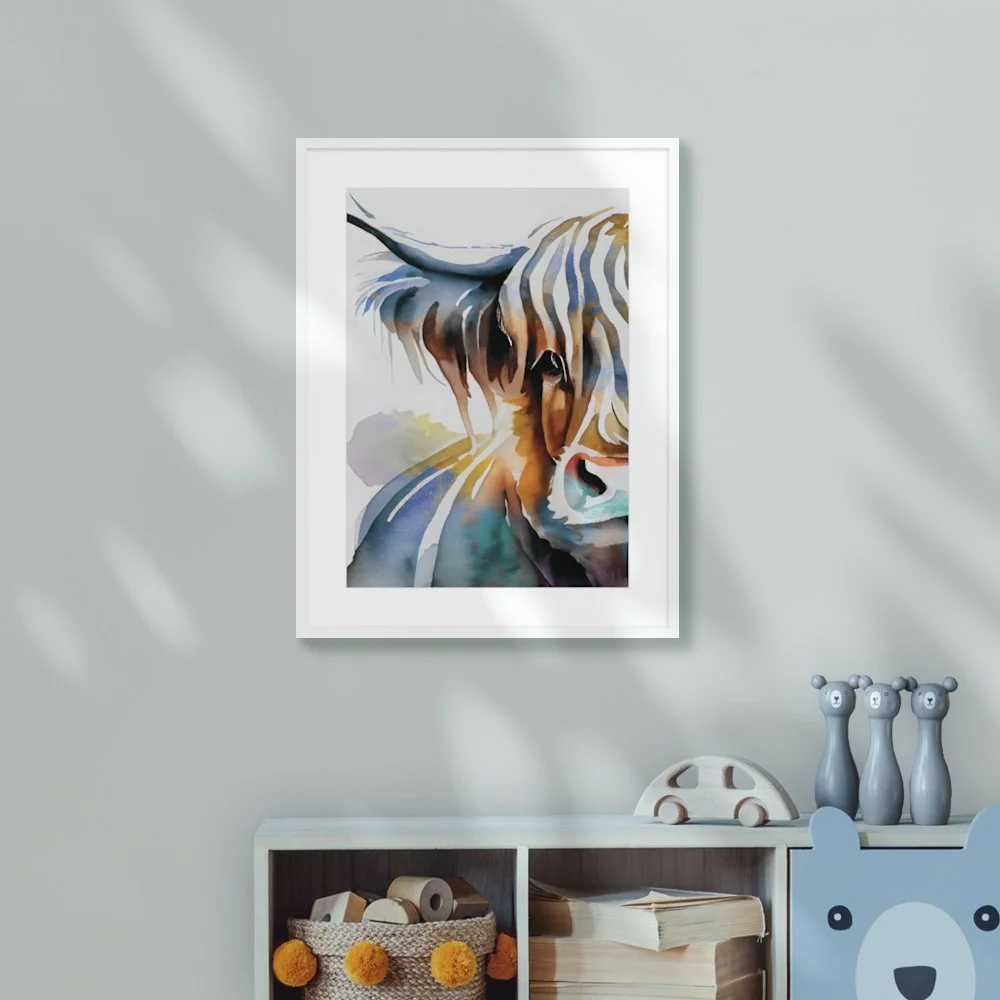 Fun, colour highland coo picture mounted on a children's wall