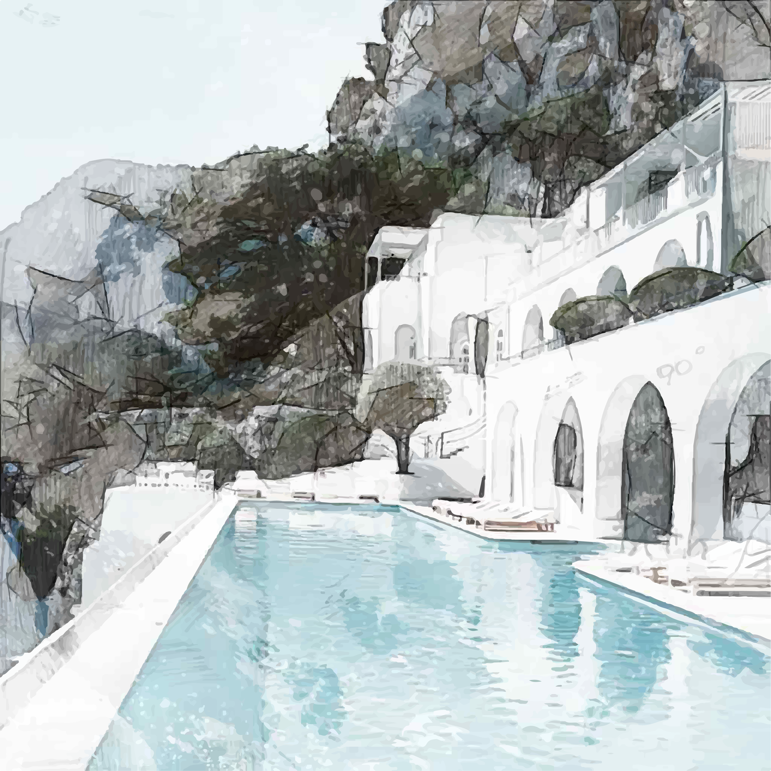A watercolor-style image of a swimming pool with a white building with arches and lush green trees on a hillside.