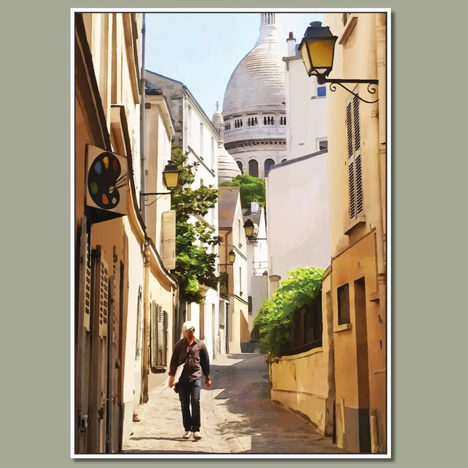 Paris Artist: Digital wall art print of an artist walking down a cobbled pathway