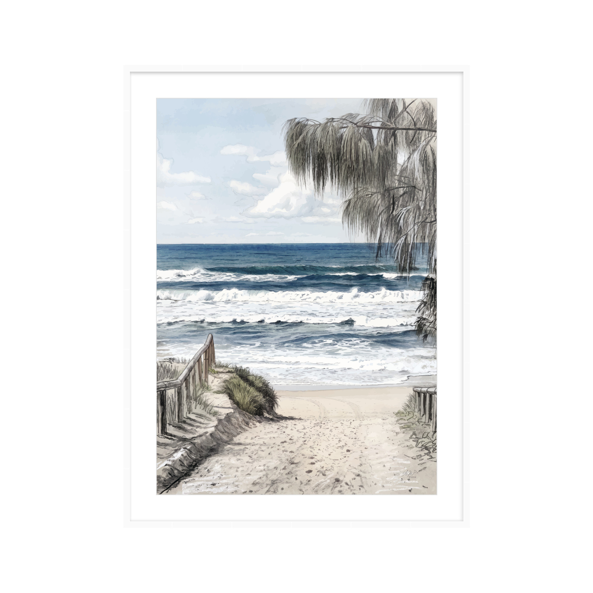 Peregian Beach wall art print in a white frame