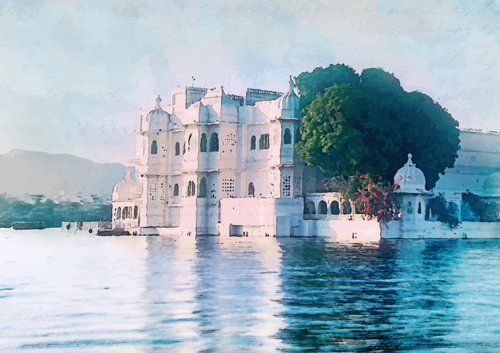 Letter To India wall art print is a soft digital watercolour of Lake Palace on Lake Pichola in the early morning