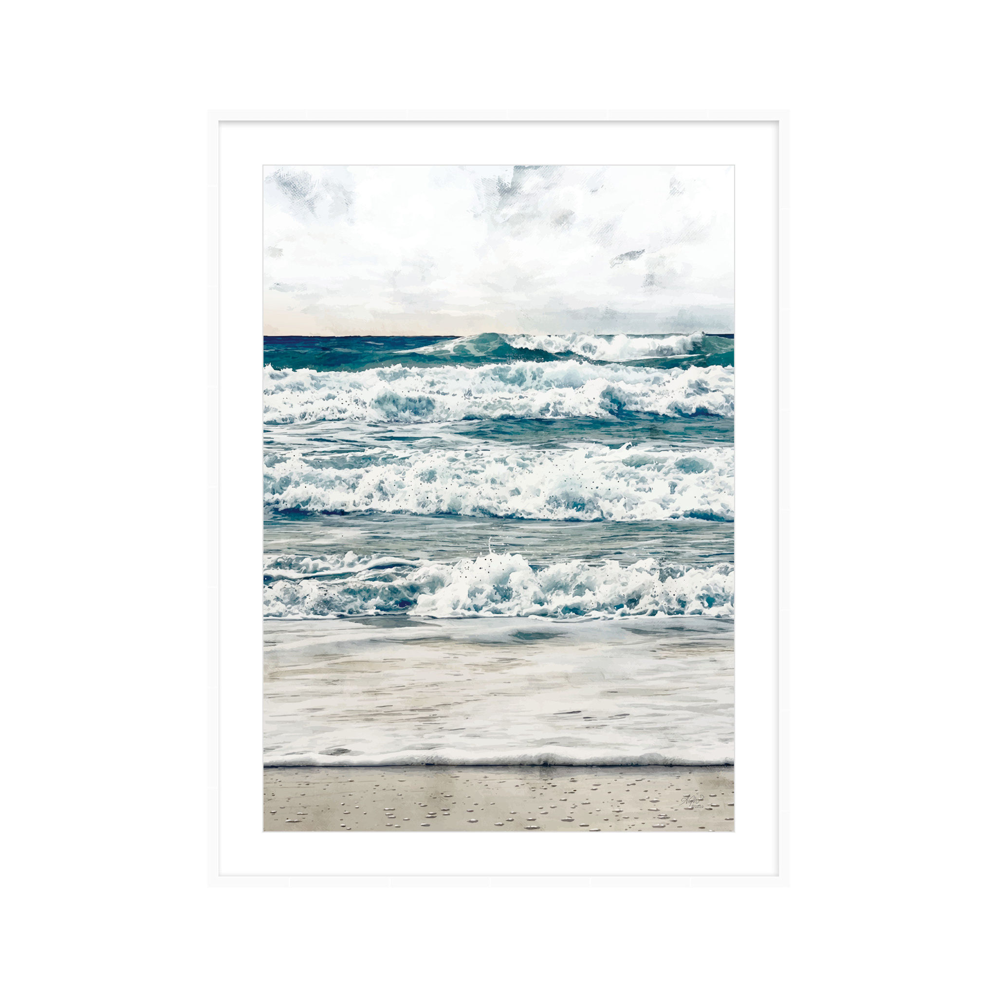 After the storm print. Digital painting of stormy seas at Peregian Beach with a white mount and white frame