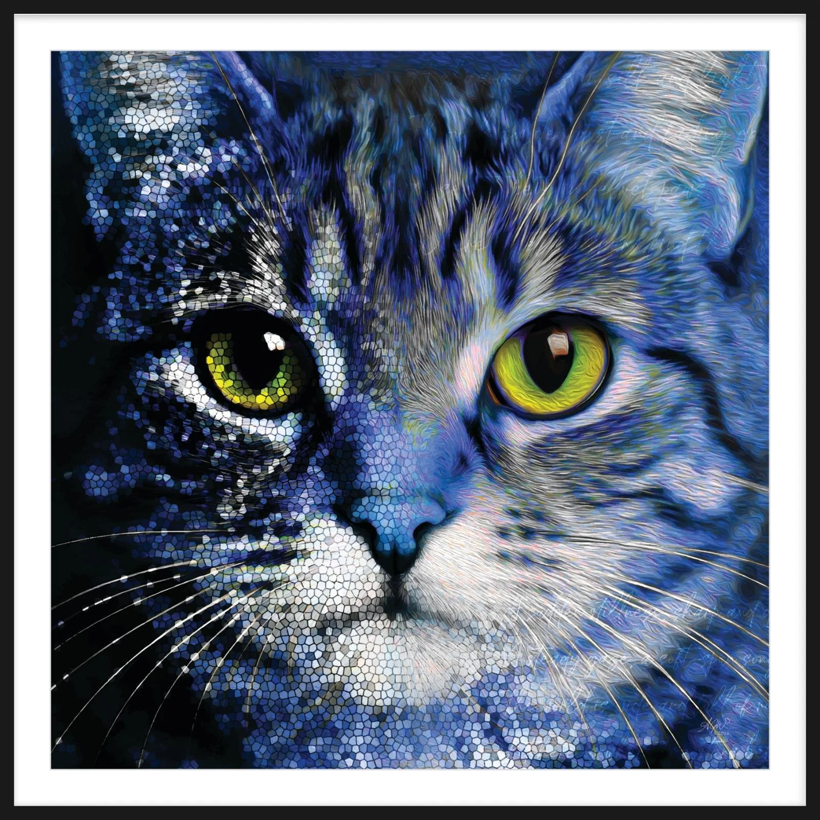 Feline wall art print is an abstract cat face with blues, greens and oil and mosaic layering effects