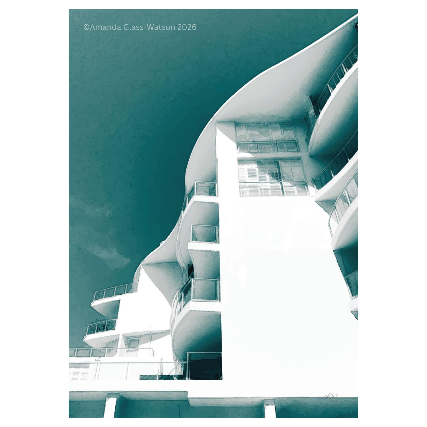 Graphic poster style picture of a white hotel against a teal sky. It's called Poolside and is a wall art print.