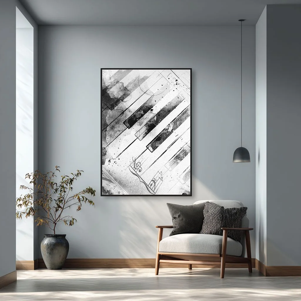 Resonance abstract digital wall art. Music and piano keys on a grunge textured background