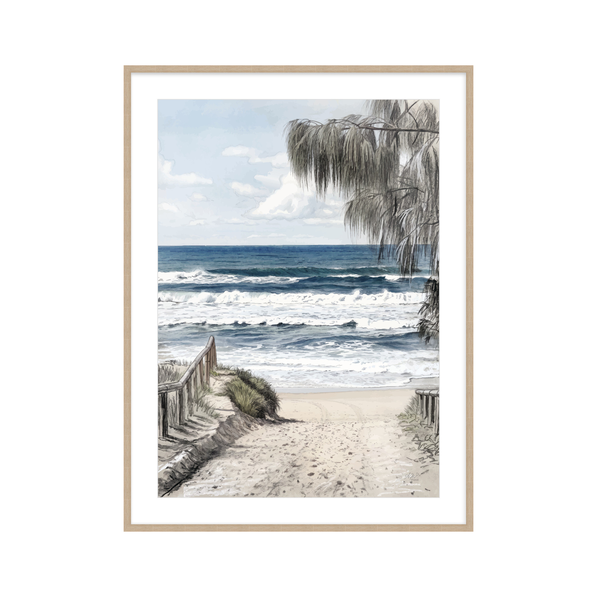 Peregian Beach wall art print in a wooden frame