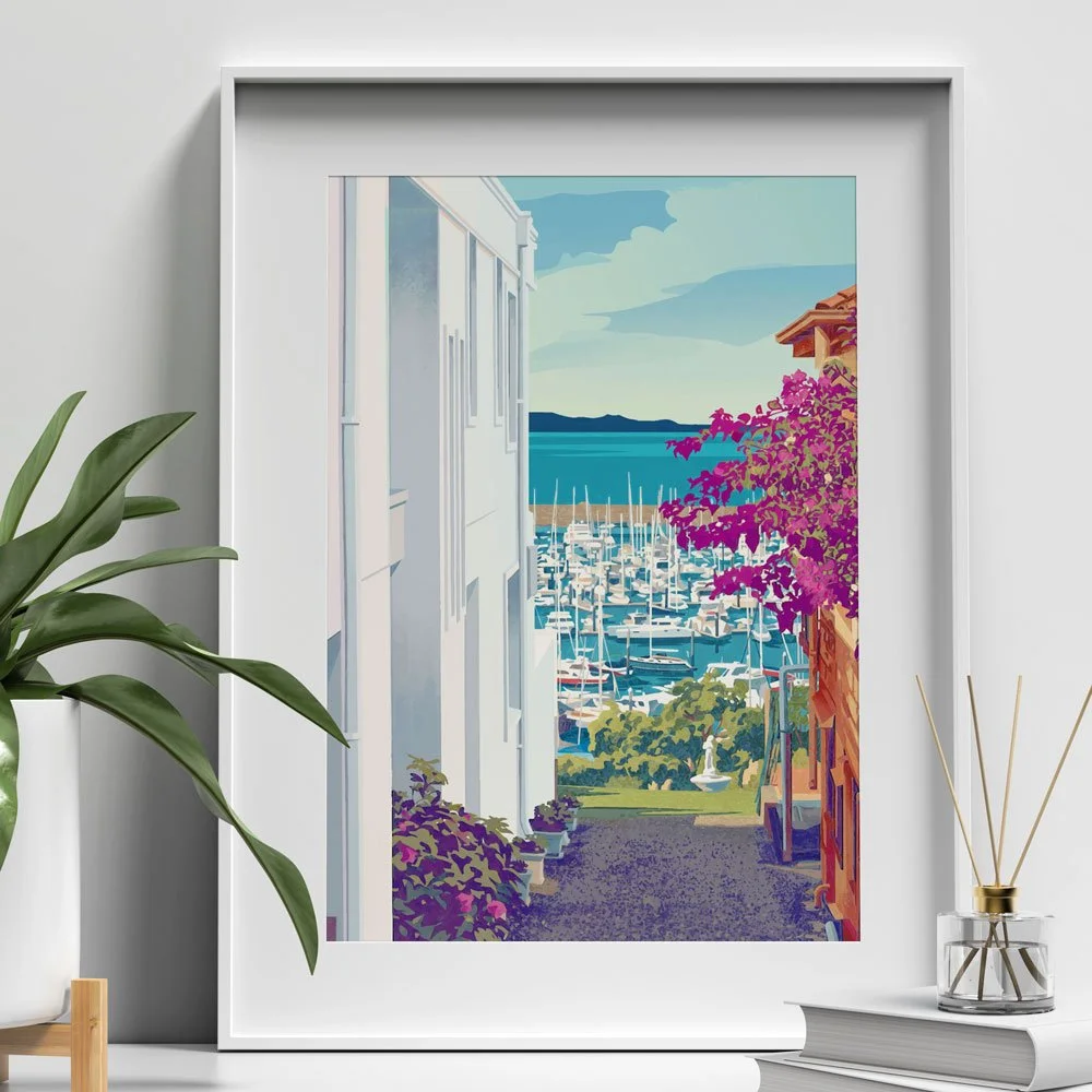 Colourful, poster style Harbour View wall art print in small white frame.