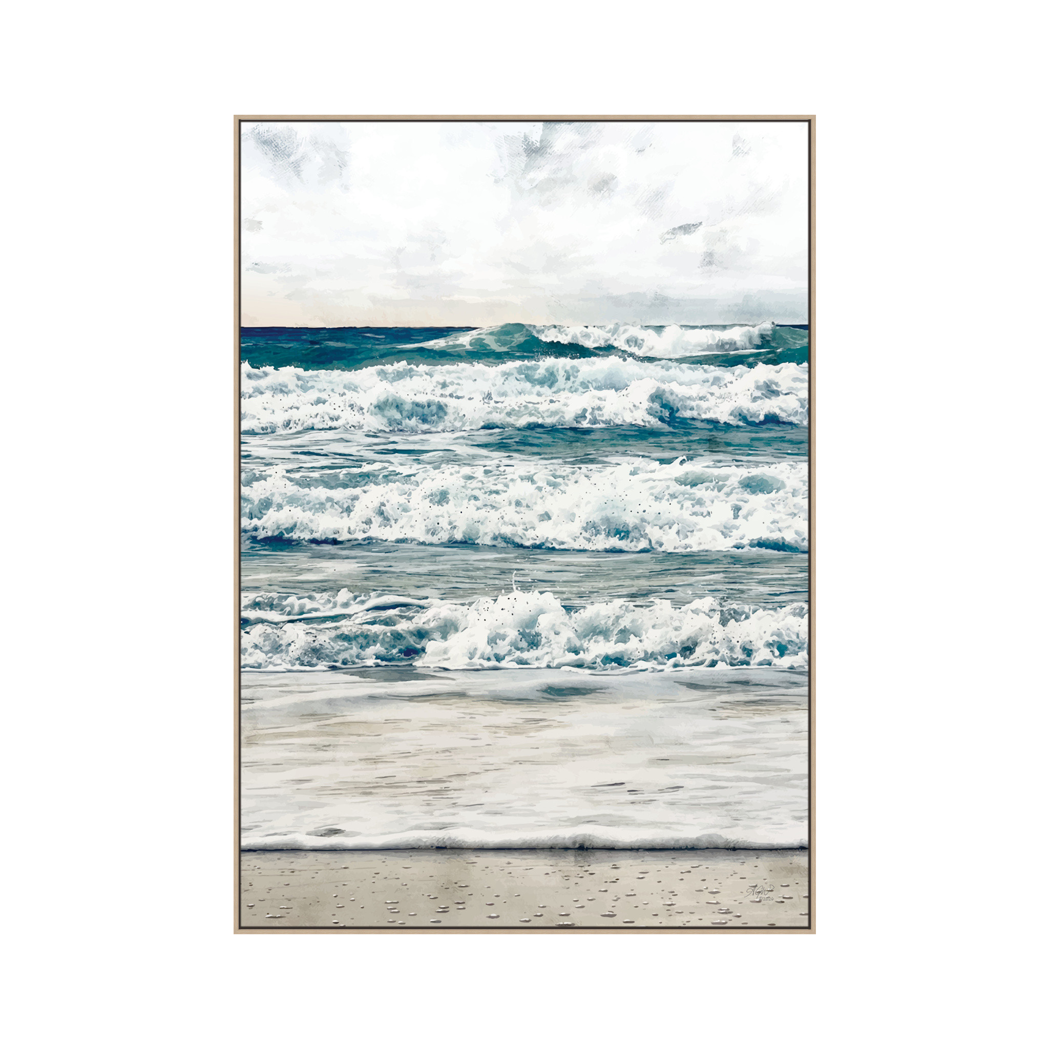 After The Storm: Digital ink and pastel sketch of stormy seas at Peregian Beach in a light wood float canvas