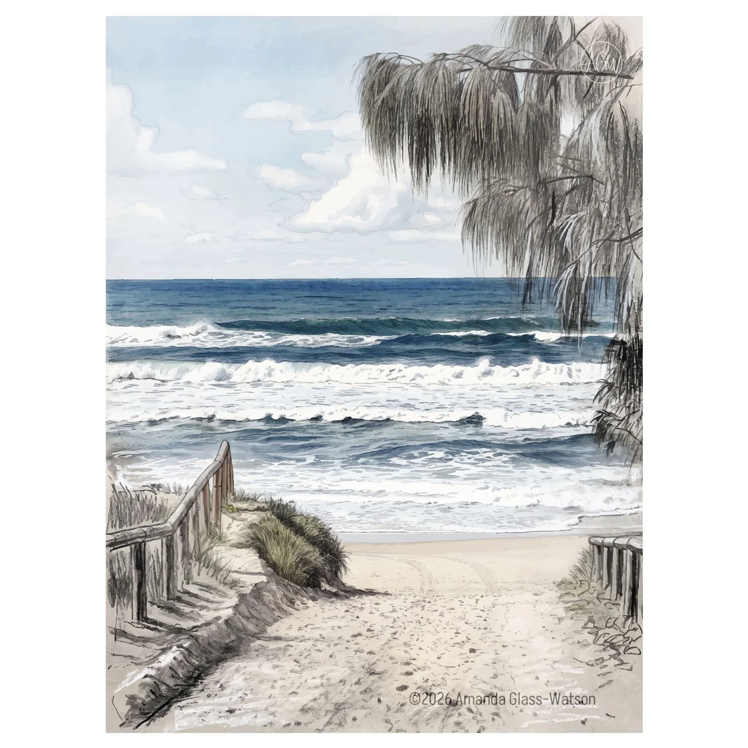 Peregian Beach unframed wall art print. Sand path to beautiful blue ocean.