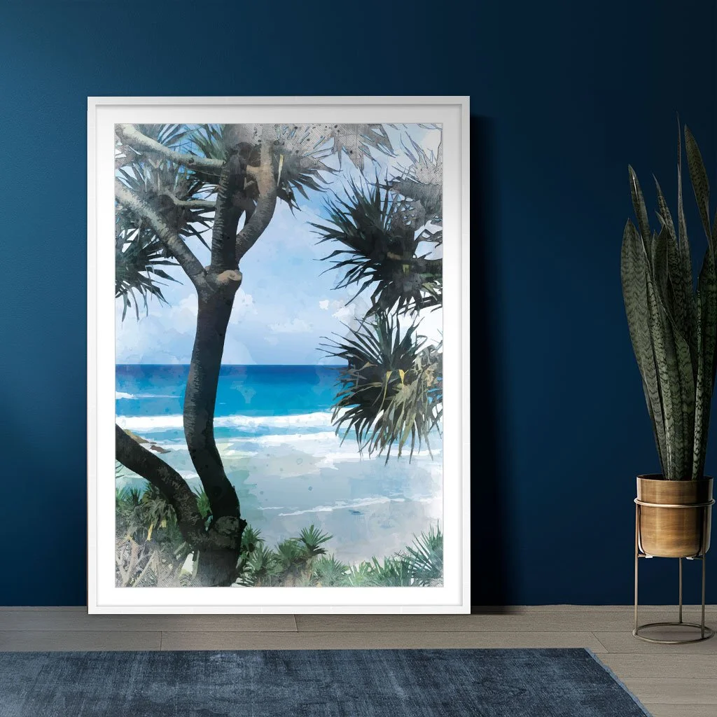 Secret Beach: A digital painting of the ocean framed by spikey Dragon trees