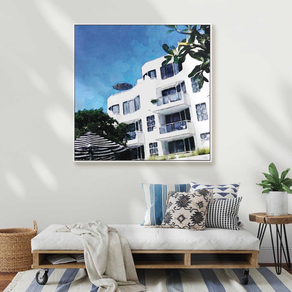 Bright, fresh Elysium Afternoon digital wall art print in a complimentary blue and white room setting