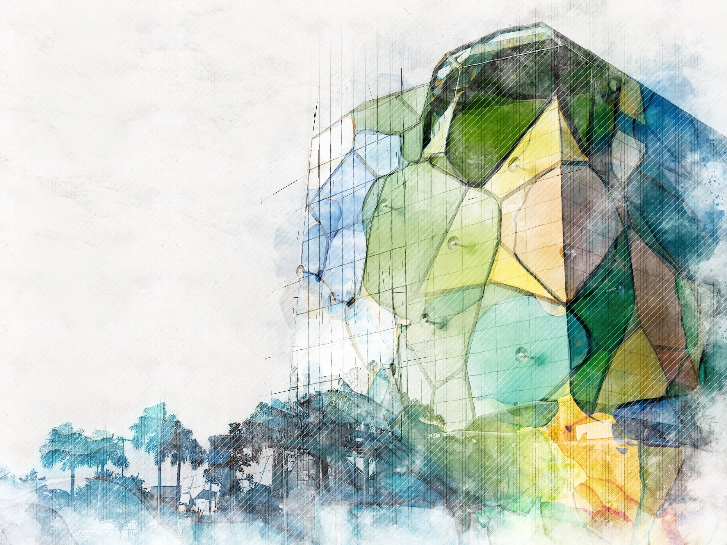 Watercolor-style illustration of the HOTA Gallery (Home of the Arts) located on the Gold Coast, Australia. 