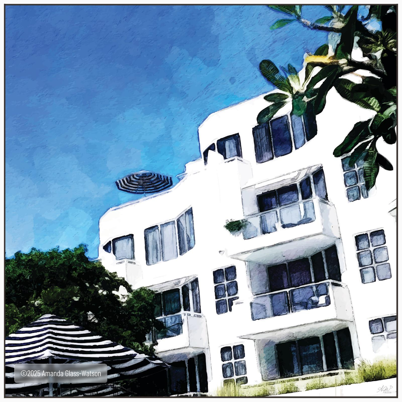 Framed wall art print: Elysium Afternoon. Fresh blue skies over hotel Elysium in Noosa