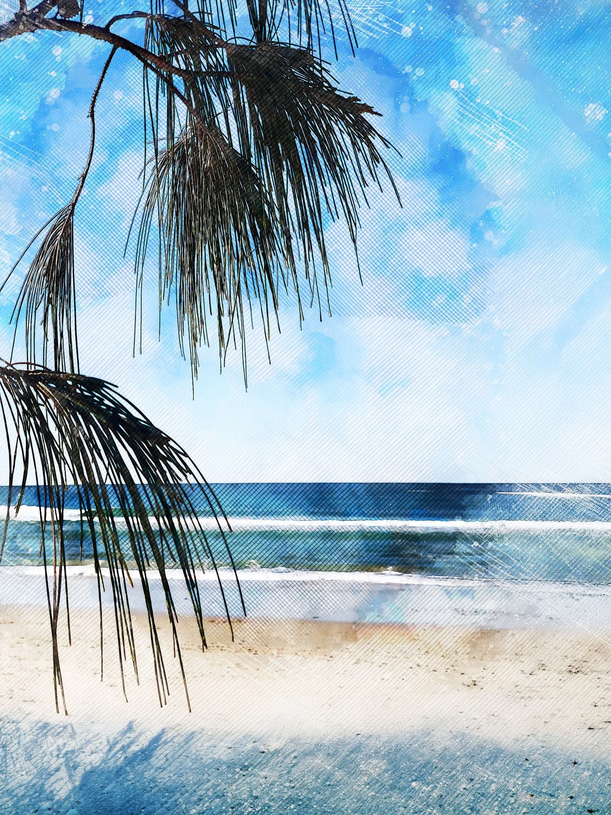 Graphic and watercolour painting of a beach from the dunes