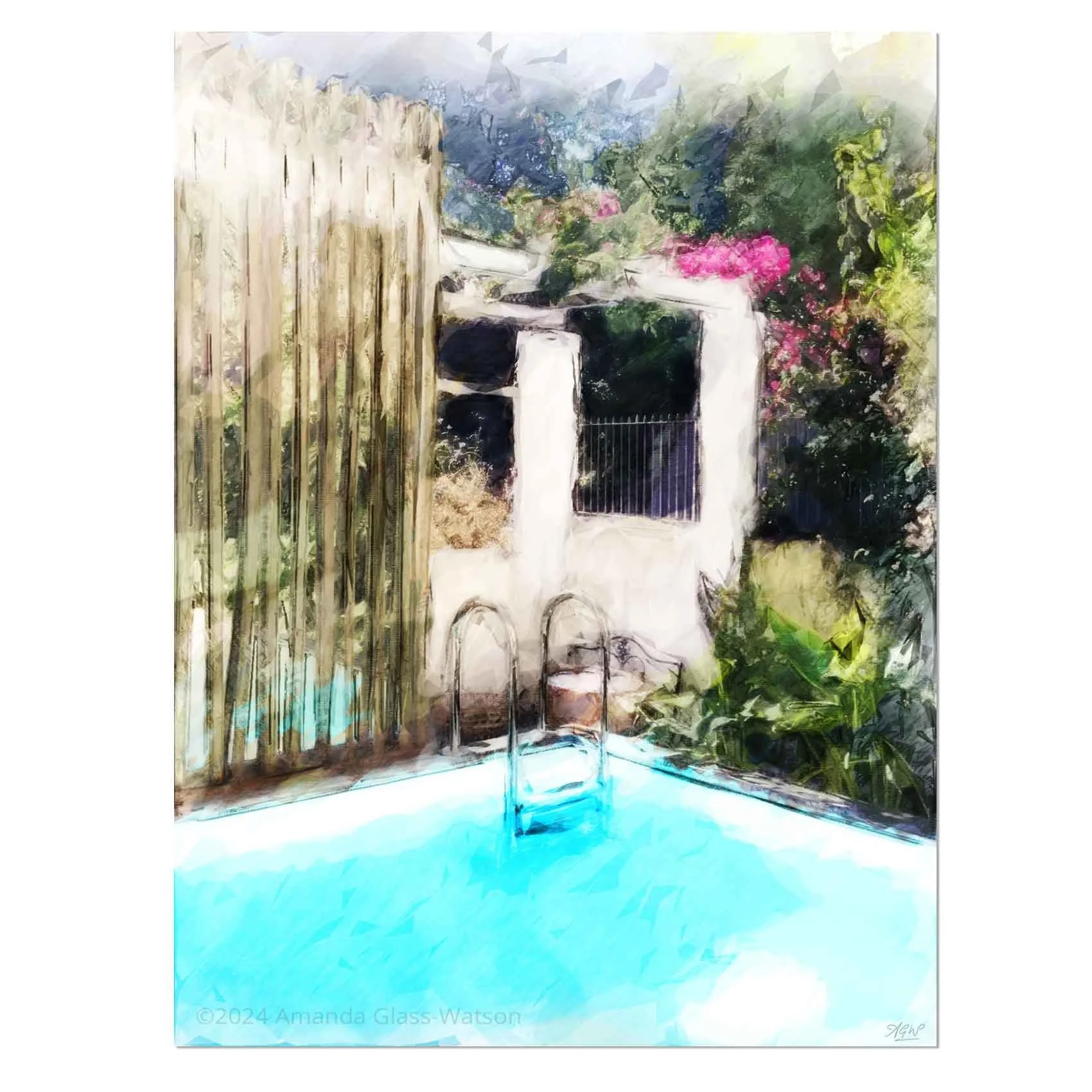 Unframed print close up of a digital wall art print of a small plunge pool at the bottom of a garden in Lisbon. Surrounded by flowers and greenery.