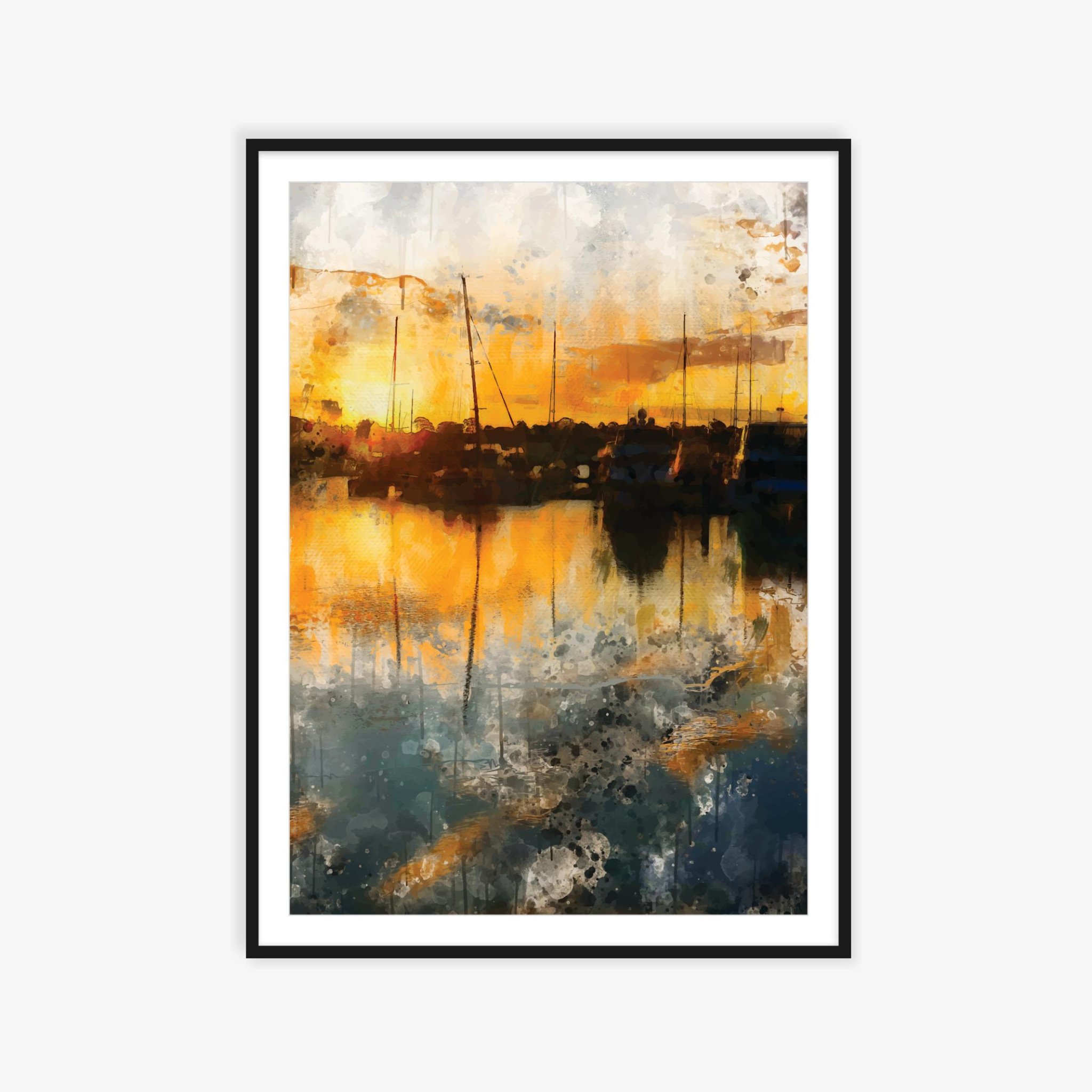 Raby sunset art print black frame hanging on a blank wall.