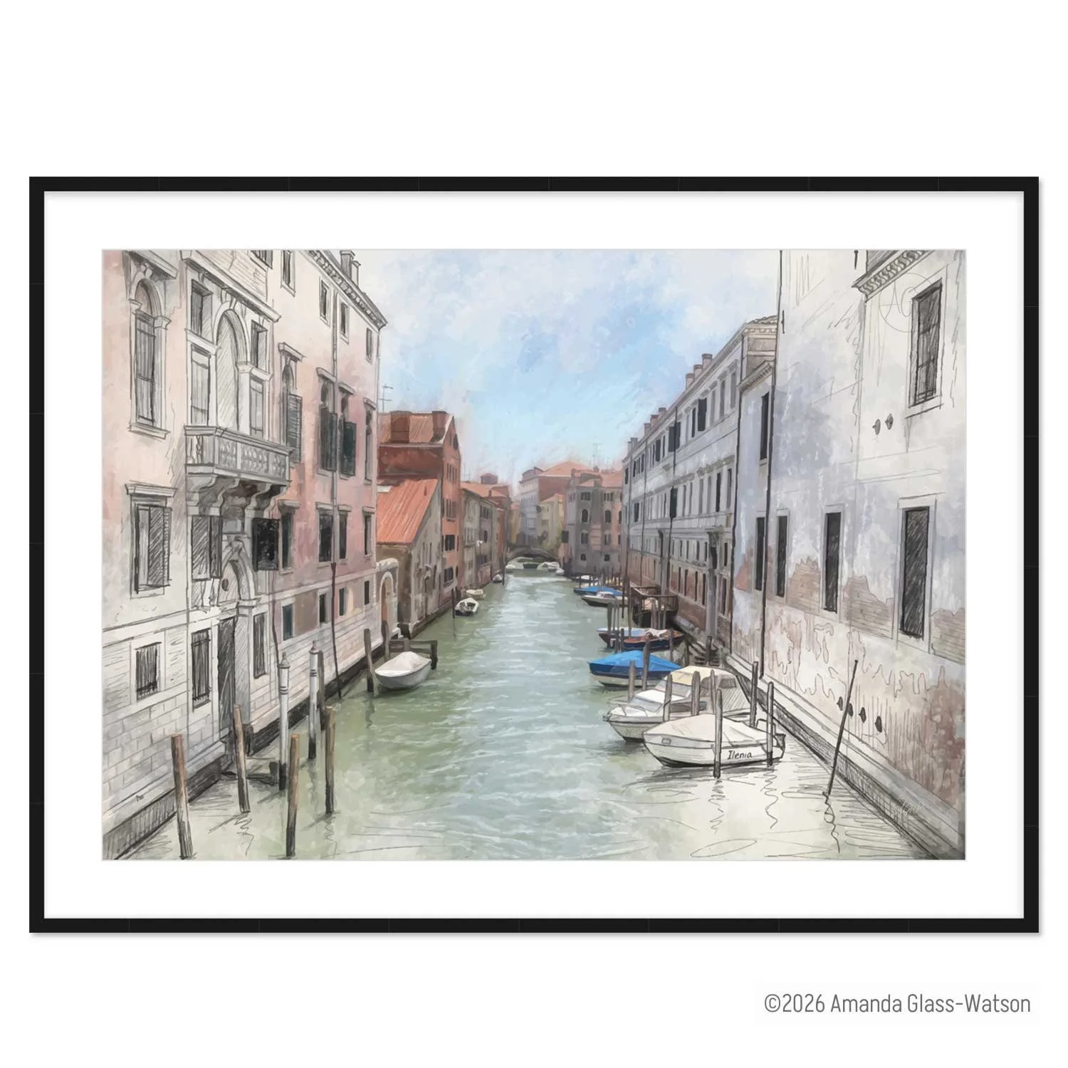 The Moorings is a digital sketch and pastel painting in a black frame of a quiet Venice Canal